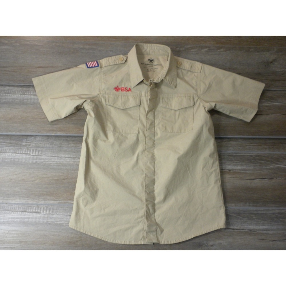 Boy Scouts of America Uniform Shirt Youth L Beige Vented Lightweight Patches BSA